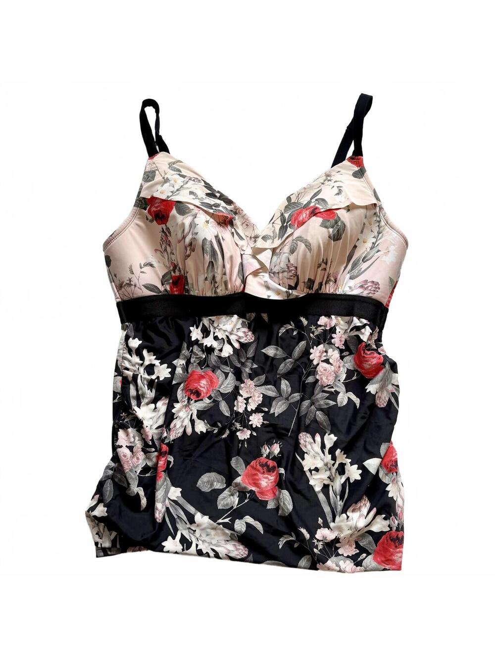 Swim By Cacique Top Floral Ruffled Black Tankini Size 18